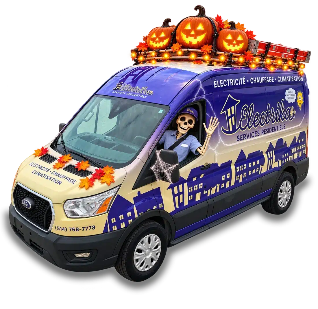Electrika van decorated for Halloween, with pumpkins on the roof and a friendly skeleton waving from the driver window