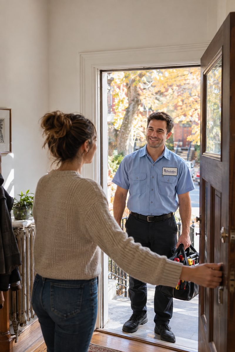A homeowner opens the door to an Electrika electrician