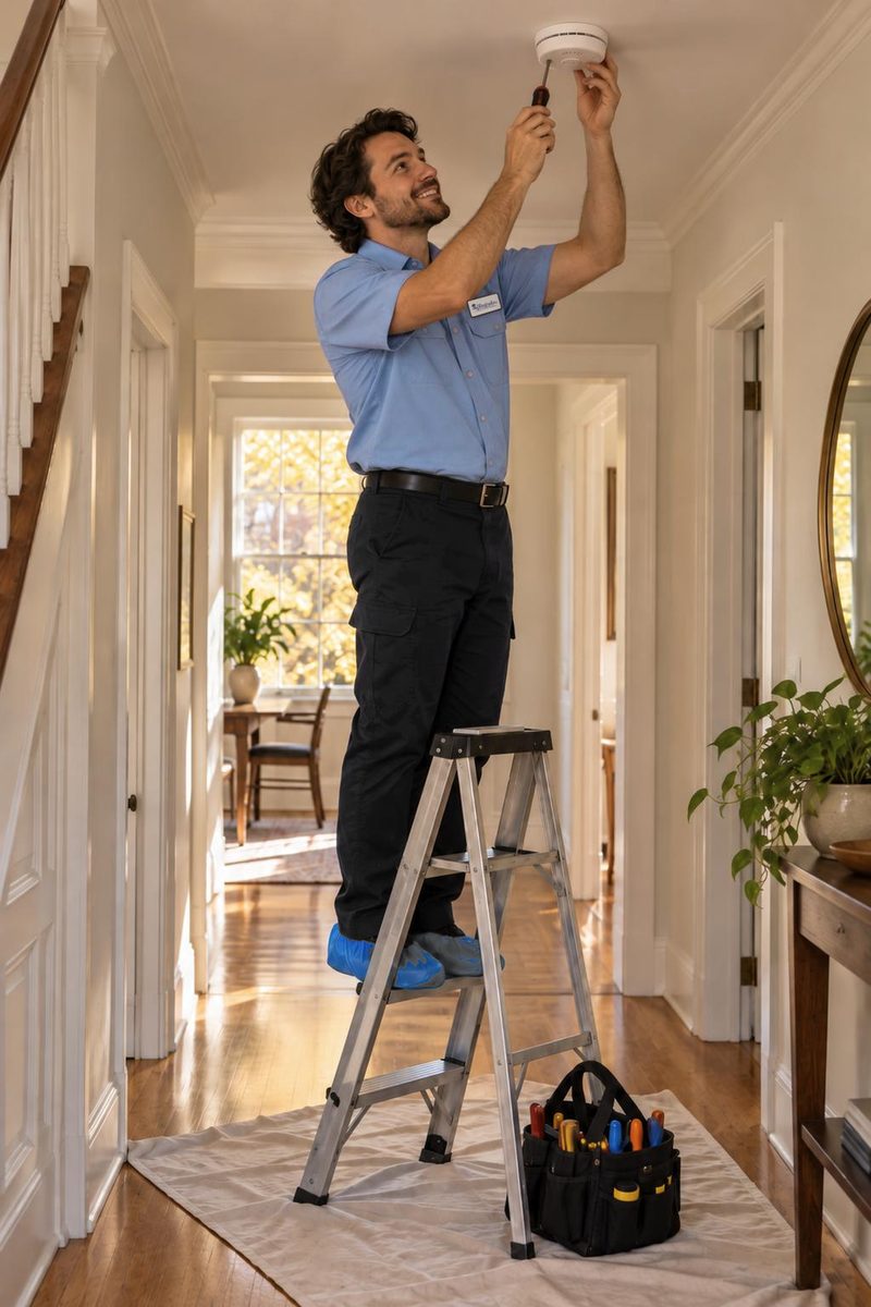 An electrician installs a smoke detector, a drop sheet under the ladder