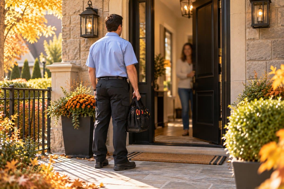 Electrika service professional waiting on the porch before coming in