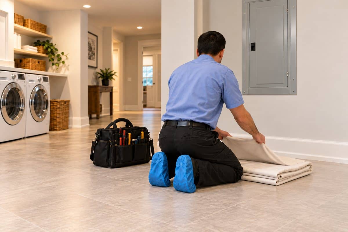 Electrika service professional folding the drop sheet after the job