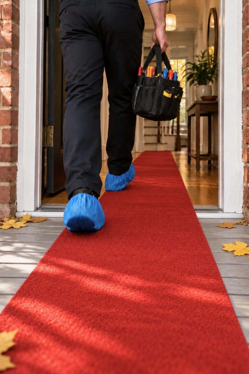 A red carpet from outside into the home