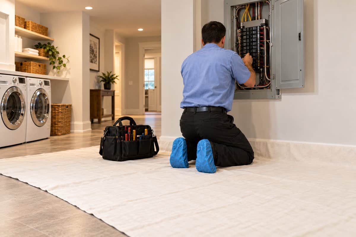 Electrika service professional kneeling on a white drop sheet in front of the electrical panel